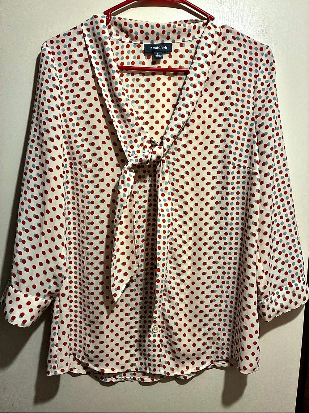 ModCloth Polka Dot Tie Neck Blouse in White & Red Size Medium